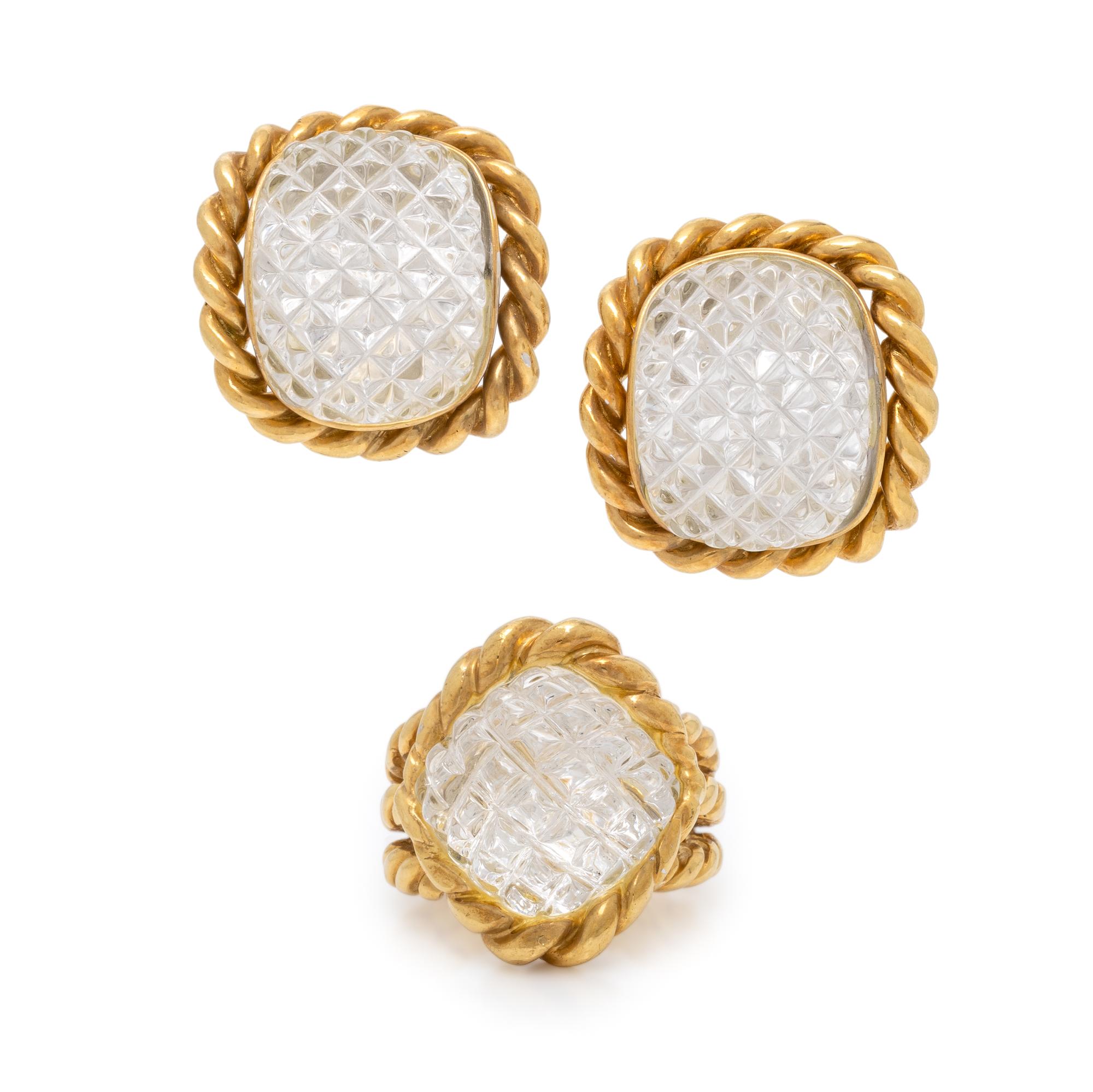 Sabbadini, Carved Rock Crystal and Yellow Gold Ring and Earrings