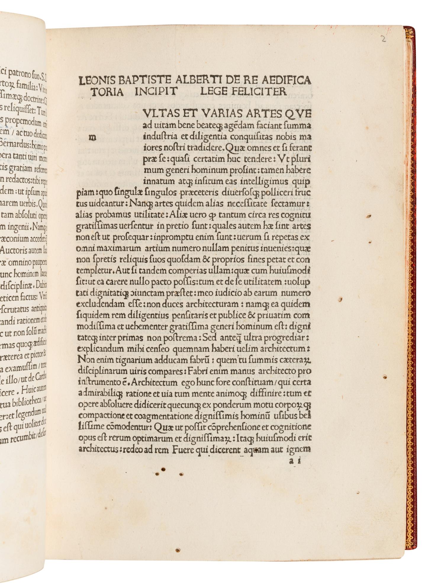 ALBERTI, Leon Battista (1404-1472). De re aedificatoria . Florence: Nicolaus Laurentii Alamanus, 29 December 1485.