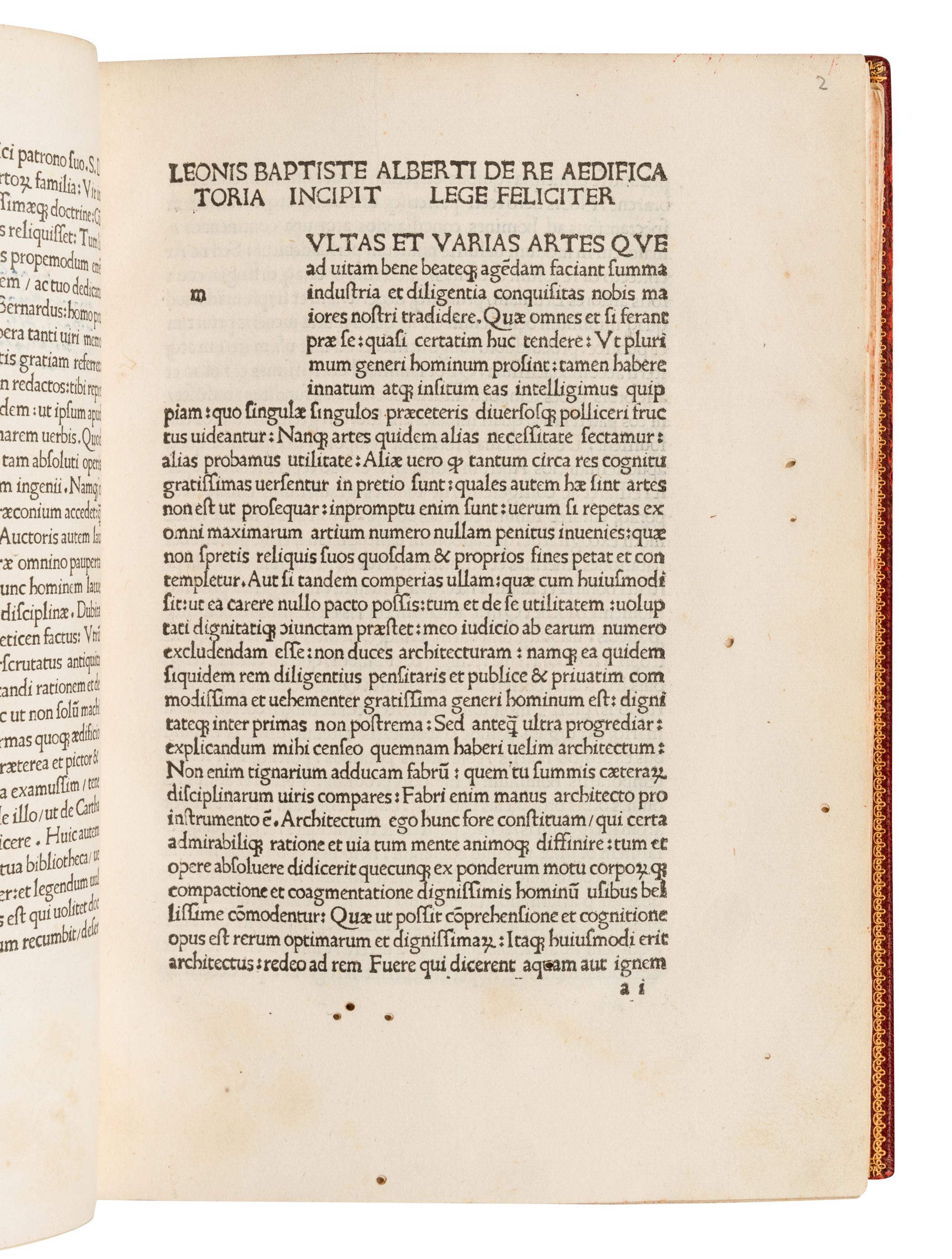 ALBERTI, Leon Battista (1404-1472). De re aedificatoria . Florence: Nicolaus Laurentii Alamanus, 29 December 1485.