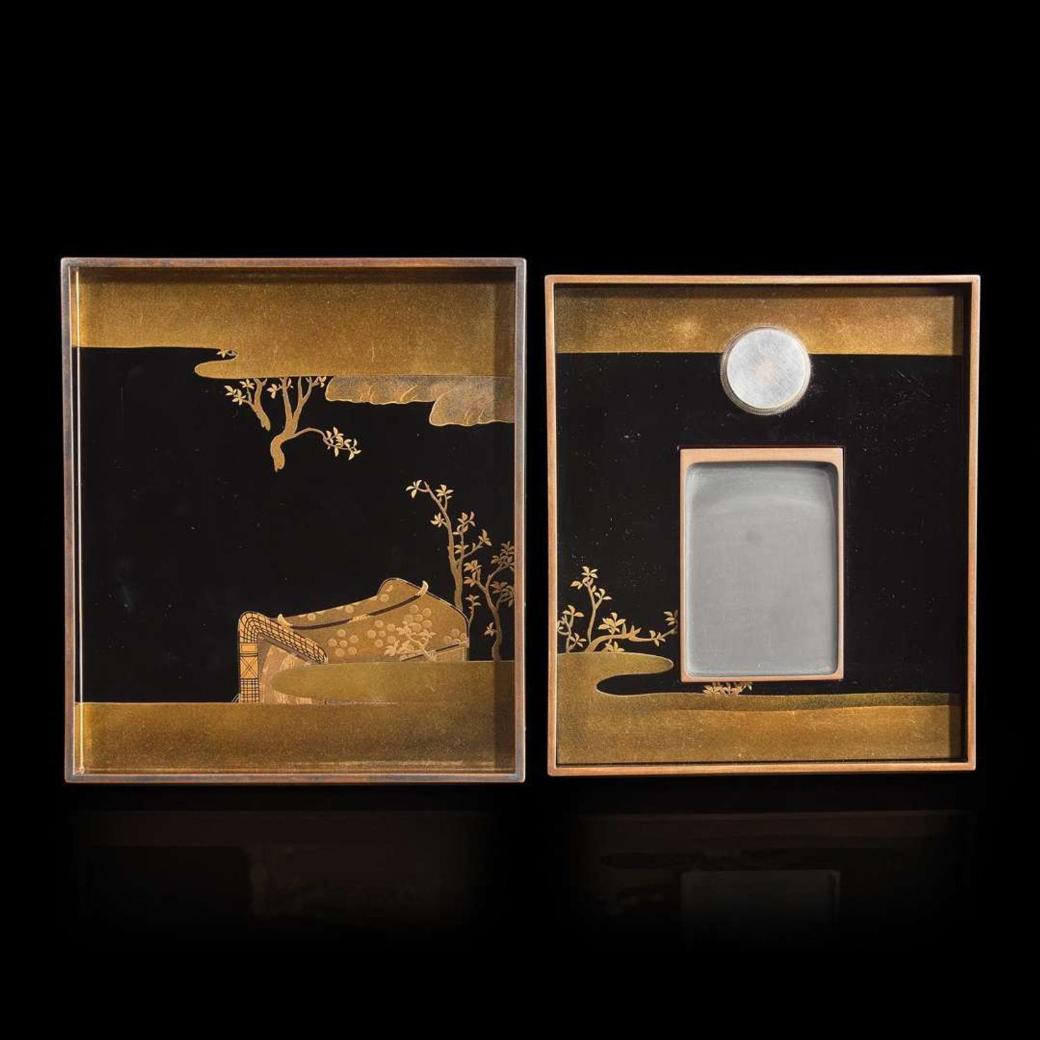 A Japanese lacquer writing box set with inlaid flowers and calligraphy, Suzuribako 日本时绘文具盒 19th/early 20th century ???????????