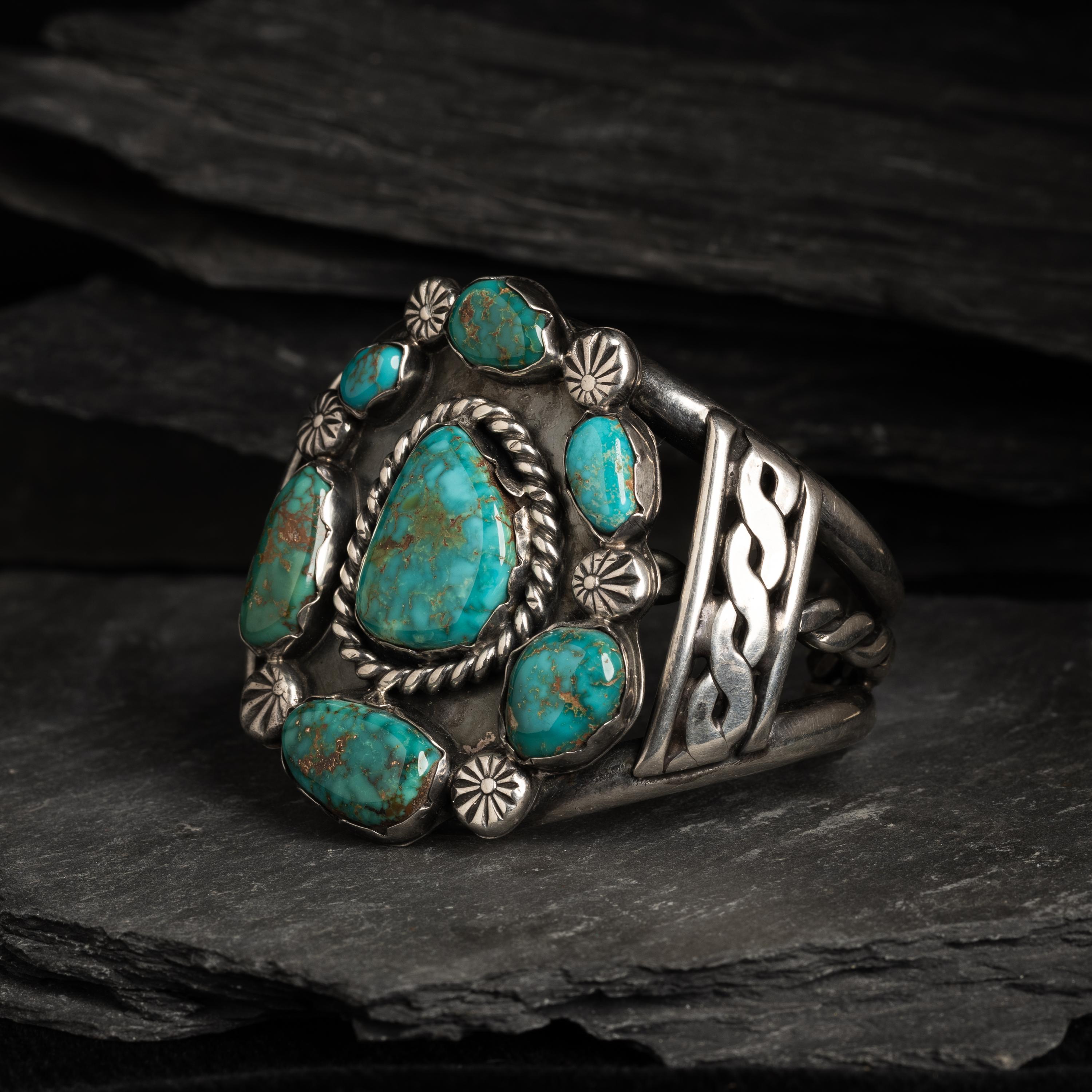 Navajo Silver and Royston Turquoise Cluster Cuff Bracelet