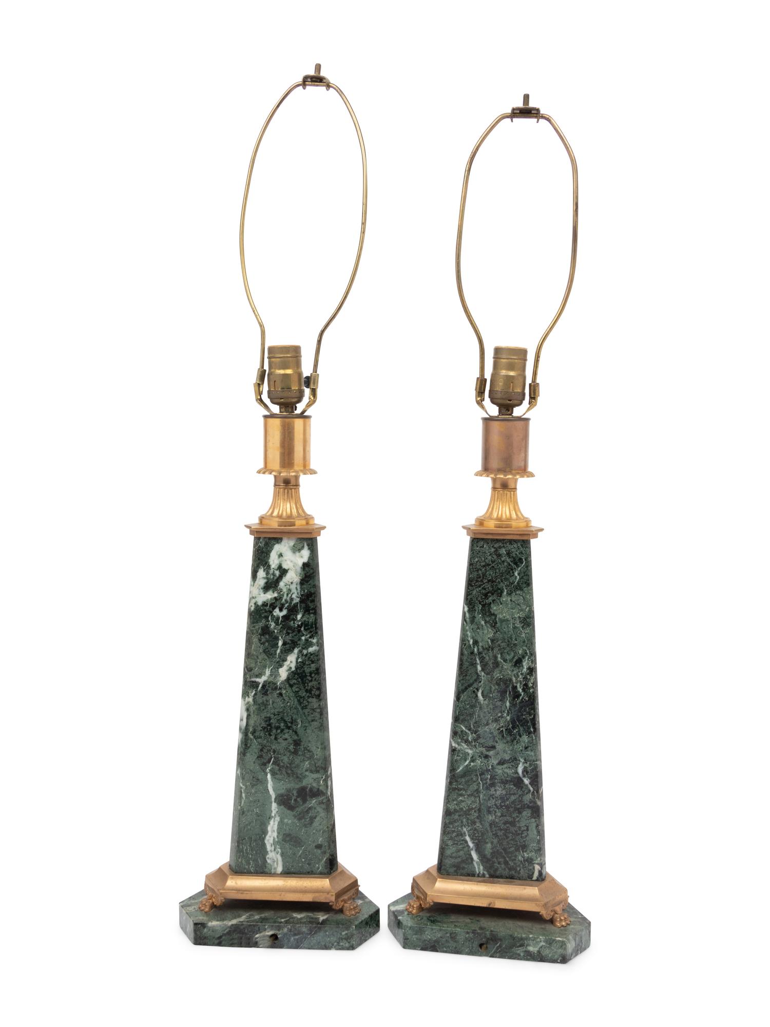 A Pair of Neoclassical Style Gilt Bronze and Marble Table Lamps