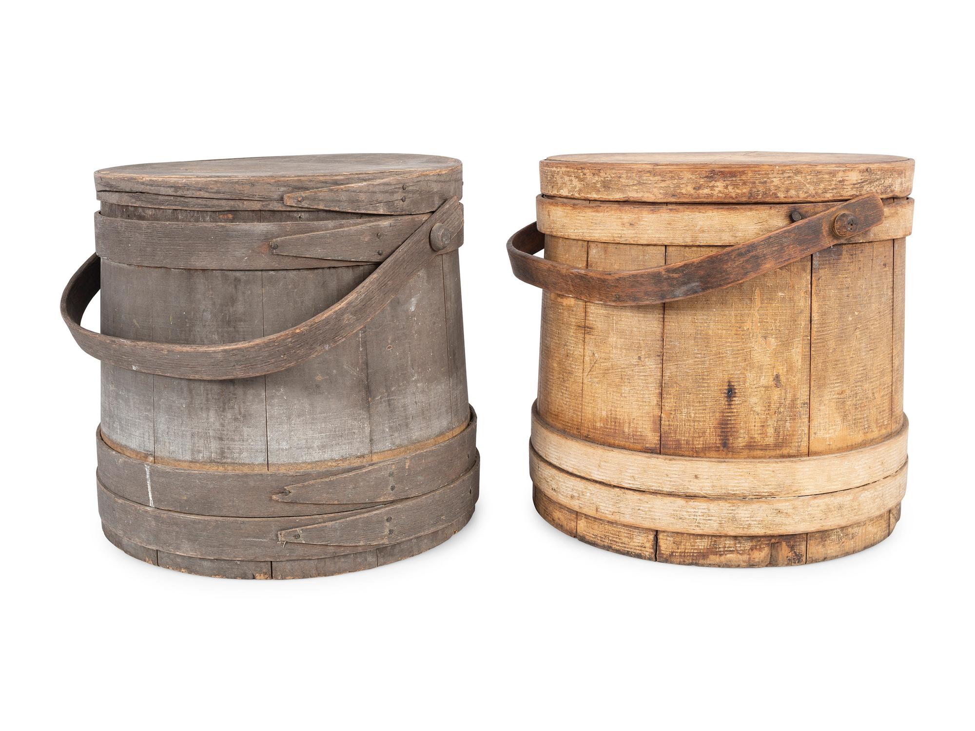 Two Lidded Firkins with Swing Handles