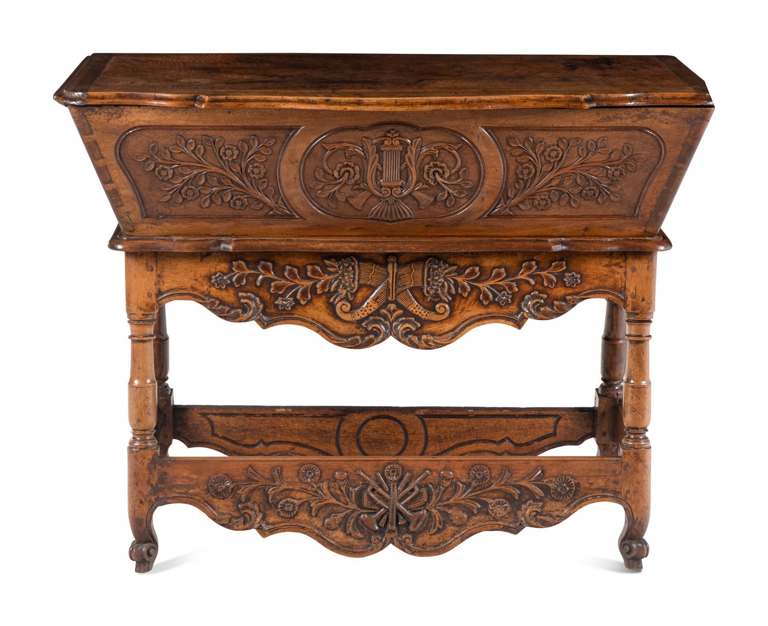 A French Provincial Carved Dough Box on Stand