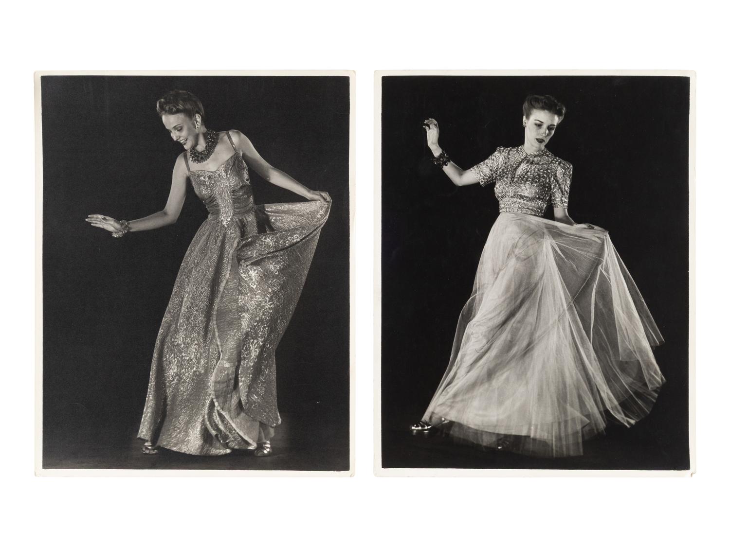 Model wearing evening dress of net skirt with silver metal bodice and Model wearing gold brocade evening dress (two works), 1938; printed ca. 1938