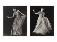 Model wearing evening dress of net skirt with silver metal bodice and Model wearing gold brocade evening dress (two works), 1938; printed ca. 1938