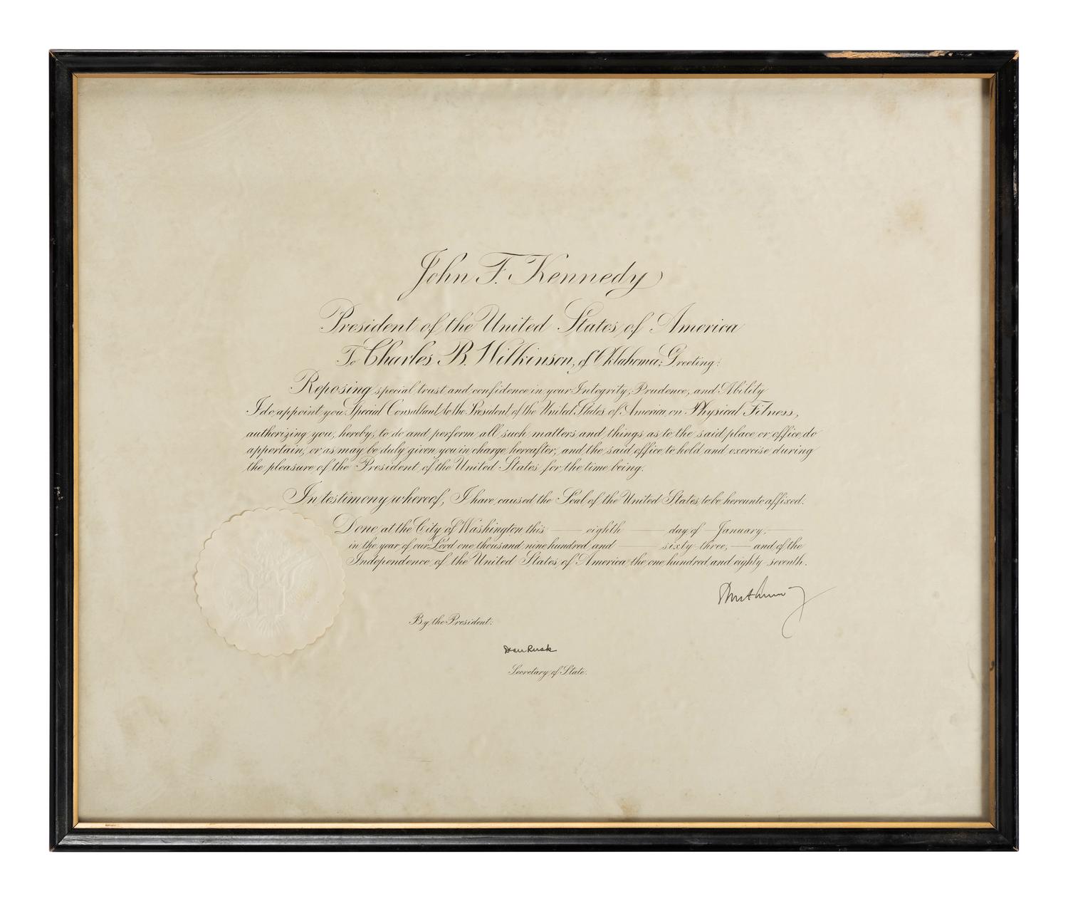 [KENNEDY, John F. (1917-1963)]. Printed document secretarially signed. 8 January 1963.