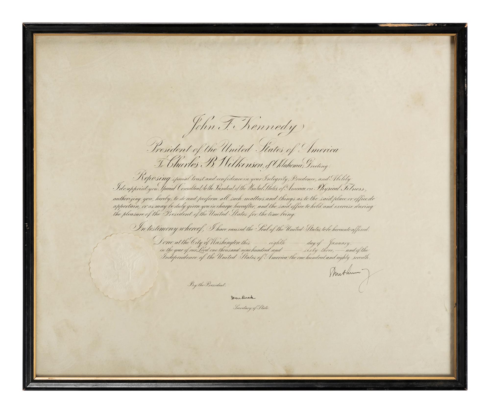 [KENNEDY, John F. (1917-1963)]. Printed document secretarially signed. 8 January 1963.