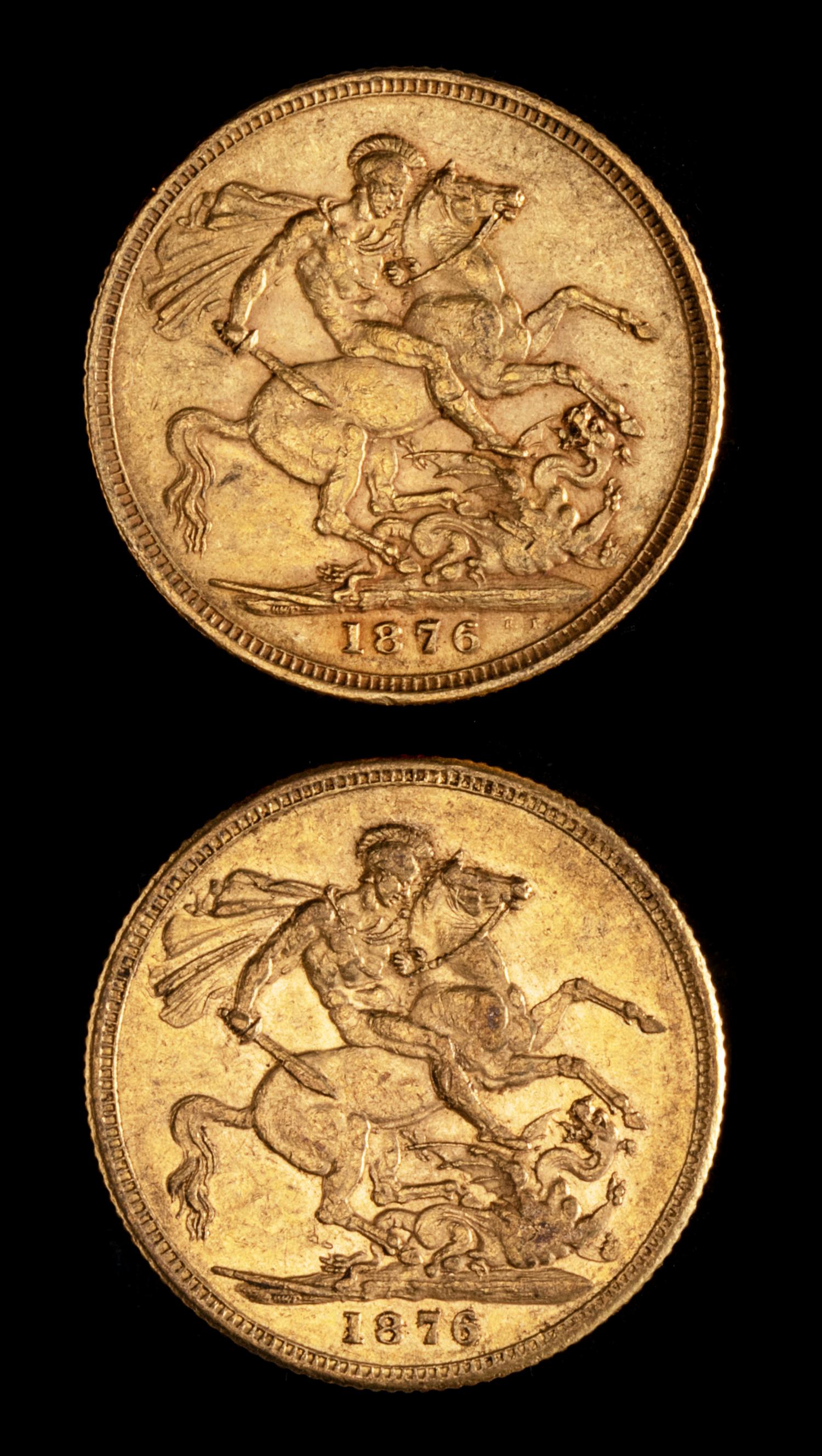 Two United Kingdom 1876-M Sovereign: Young Victoria-Melbourne Mint Gold Coin