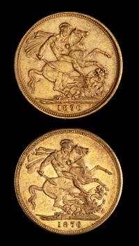 Two United Kingdom 1876-M Sovereign: Young Victoria-Melbourne Mint Gold Coin
