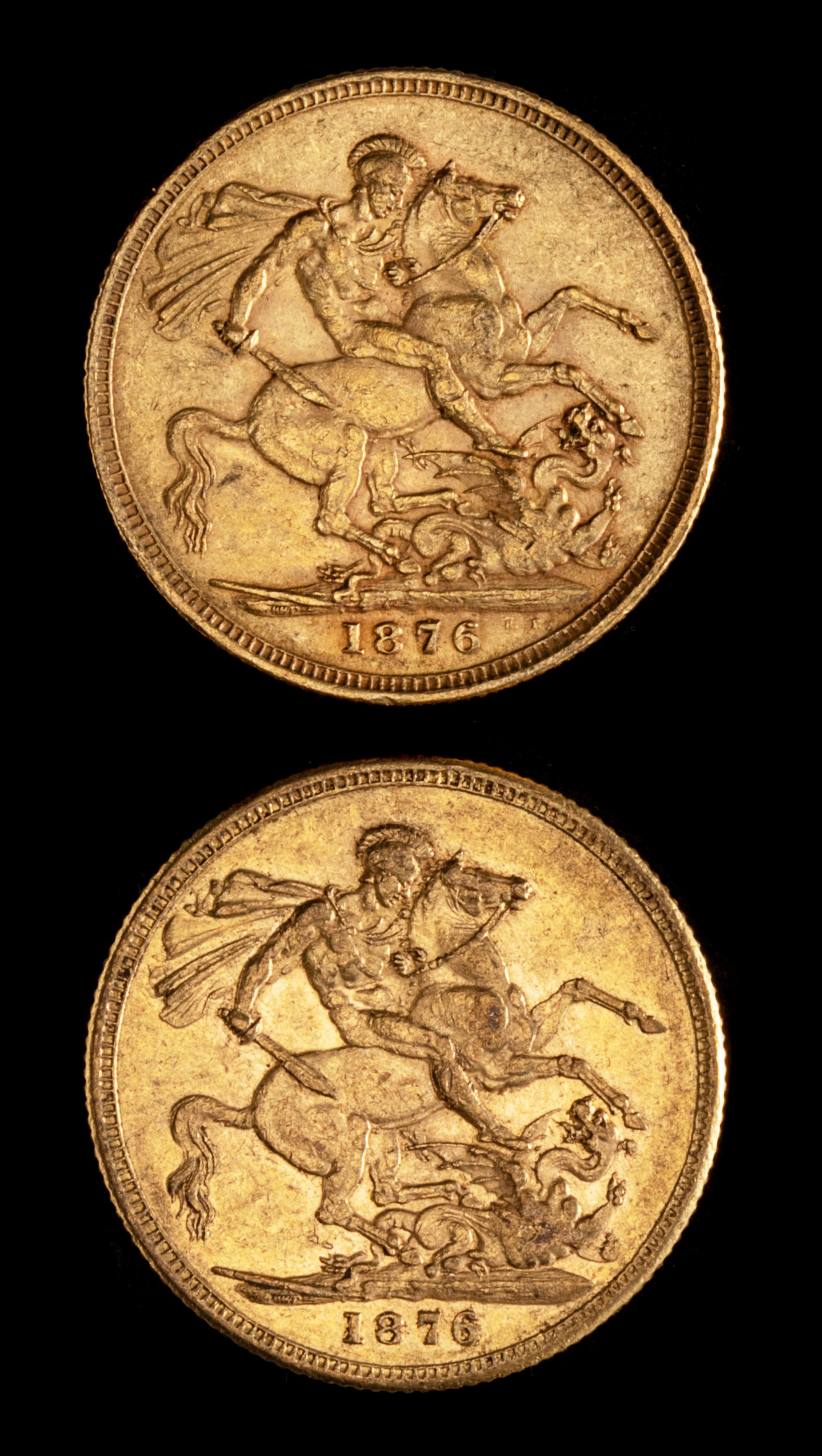 Two United Kingdom 1876-M Sovereign: Young Victoria-Melbourne Mint Gold Coin