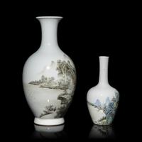 Two Chinese Qianjiang Enameled 'Landscape' Porcelain Vases, Late 19th-20th Century — 晚清-民國 淺绛彩山水瓶兩隻