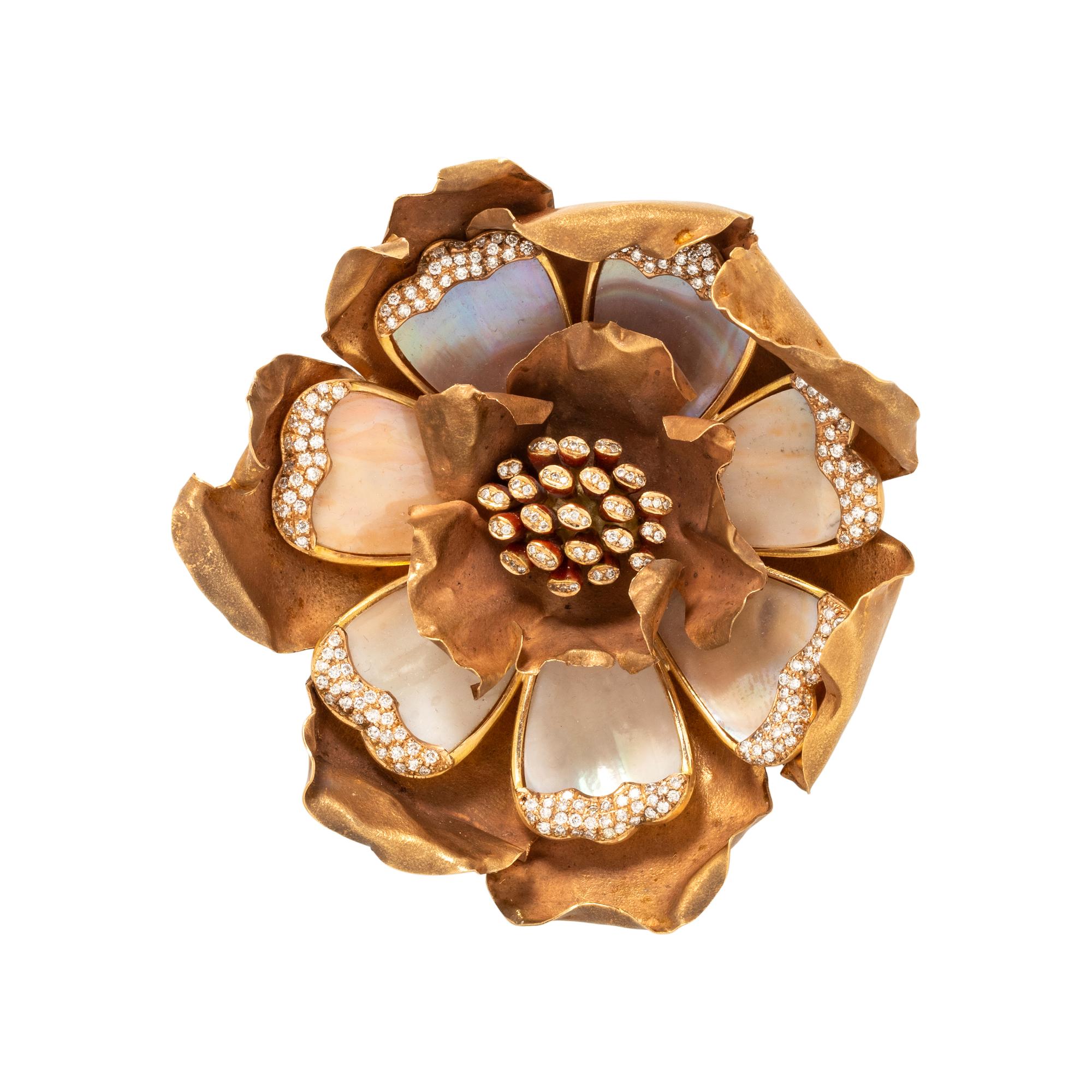 LUZ CAMINO, MOTHER OF PEARL, ENAMEL AND DIAMOND ROSE BROOCH