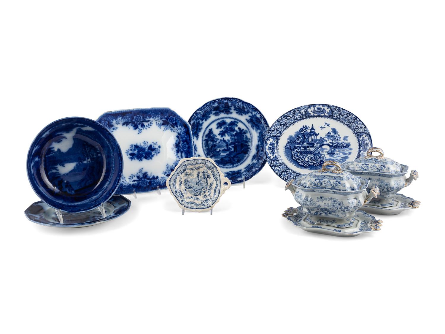A Group of Flow Blue and Transferware Table Articles