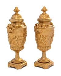 A Pair of Continental Gilt Bronze Covered Urns