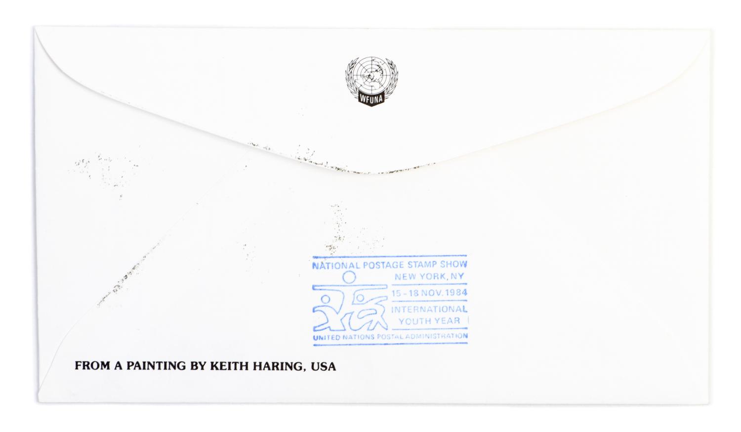 HARING, KEITH. Autographed enveloped signed ("K. Haring '85"), on a World Federation of United Nations Assoc. envelope, w/ 5 stamps.