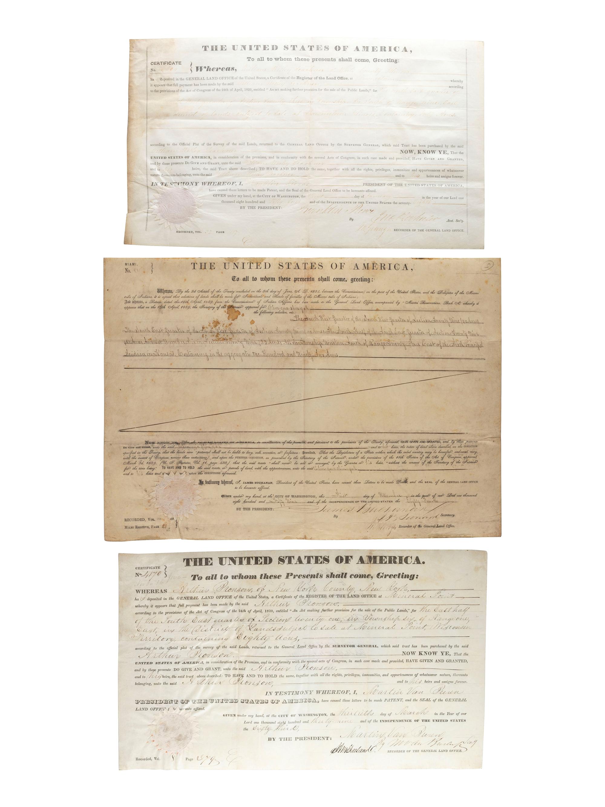[POLITICS] - [PRESIDENTS]. Group of 8 land grants including one signed by James Madison.
