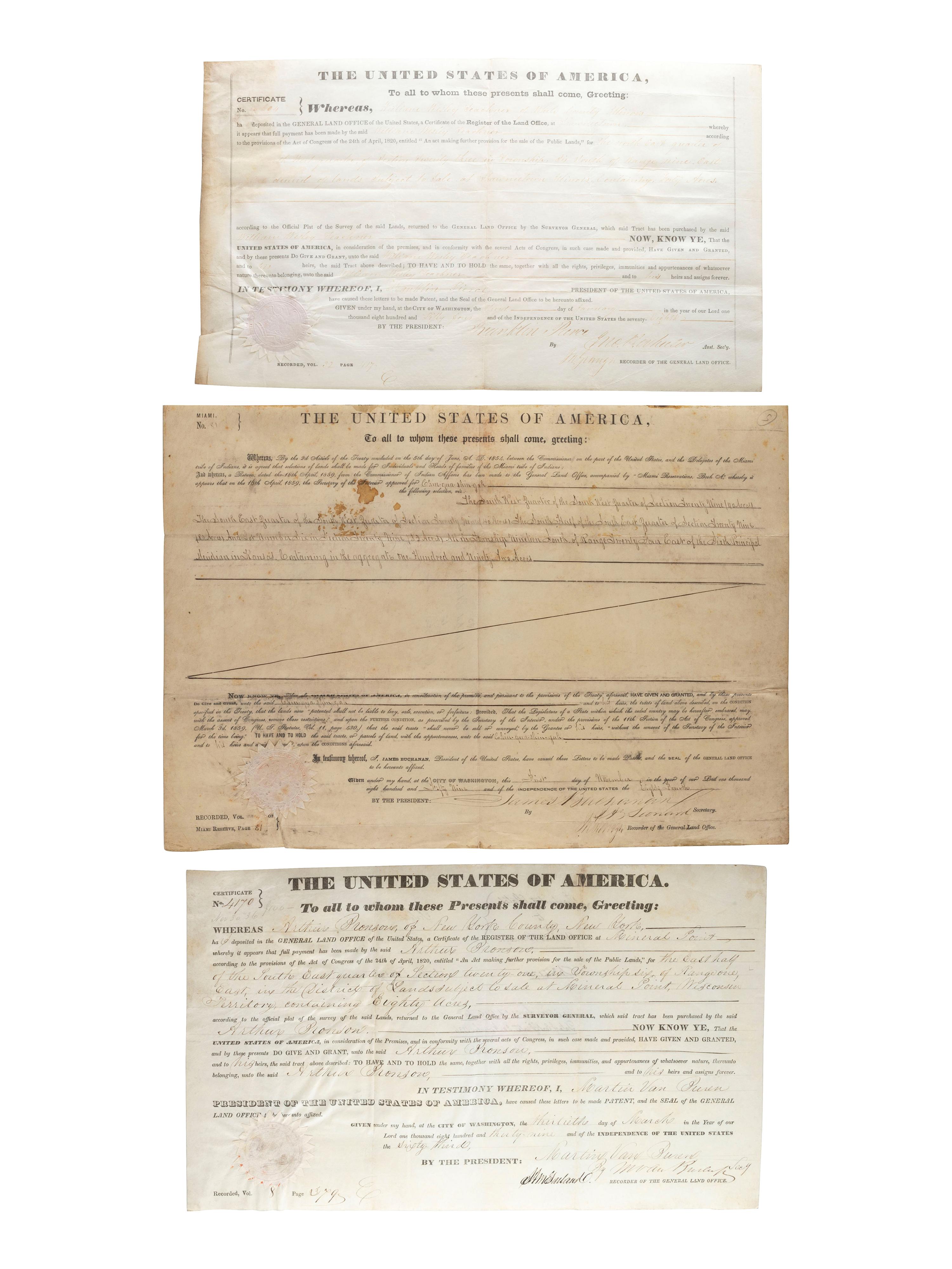 [POLITICS] - [PRESIDENTS]. Group of 8 land grants including one signed by James Madison.