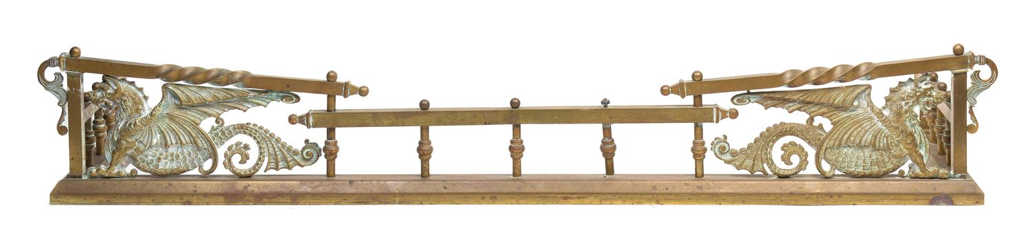 A Neoclassical Brass Fire Fender and Fireplace Tools Width of fire fender 53 inches. — 19TH/20TH CENTURY