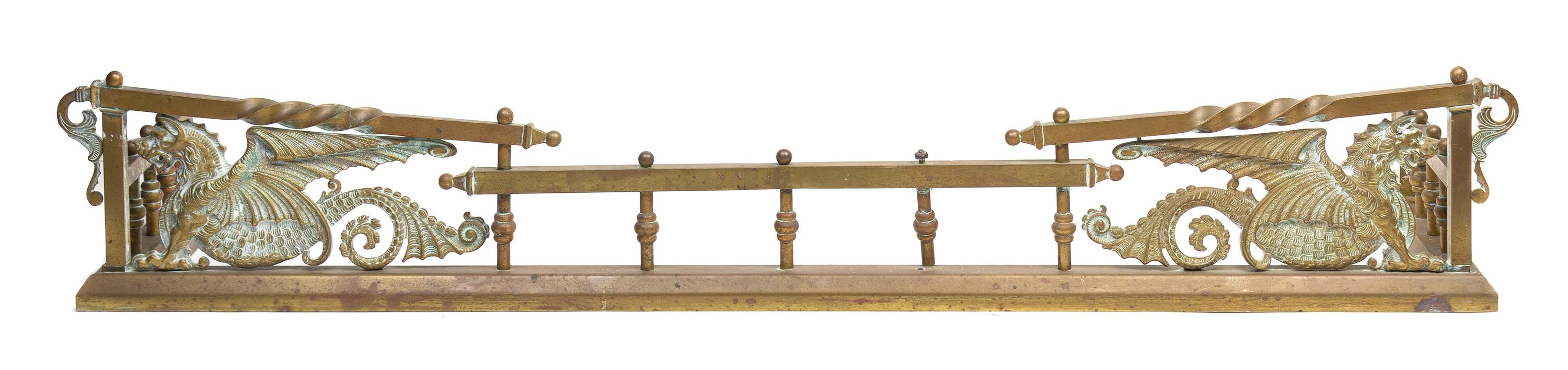 A Neoclassical Brass Fire Fender and Fireplace Tools Width of fire fender 53 inches. — 19TH/20TH CENTURY
