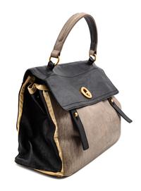 An Yves Saint Laurent Tri-Color Leather and Canvas Muse Bag, 11" H x 14" W x 6" D; Handle drop: 6".
