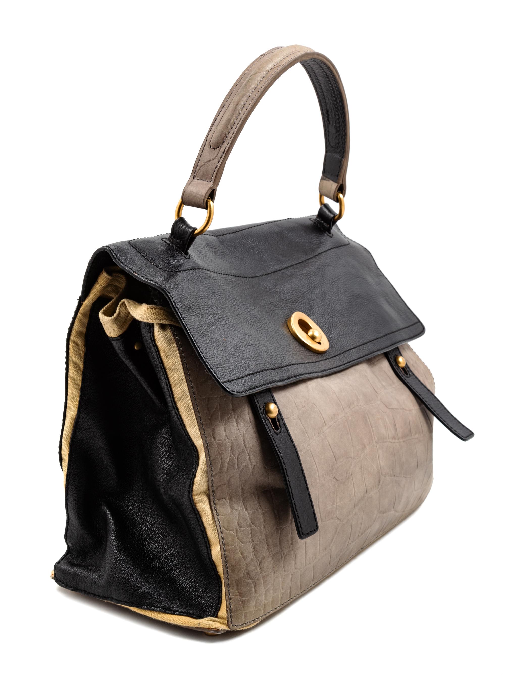 An Yves Saint Laurent Tri-Color Leather and Canvas Muse Bag, 11" H x 14" W x 6" D; Handle drop: 6".