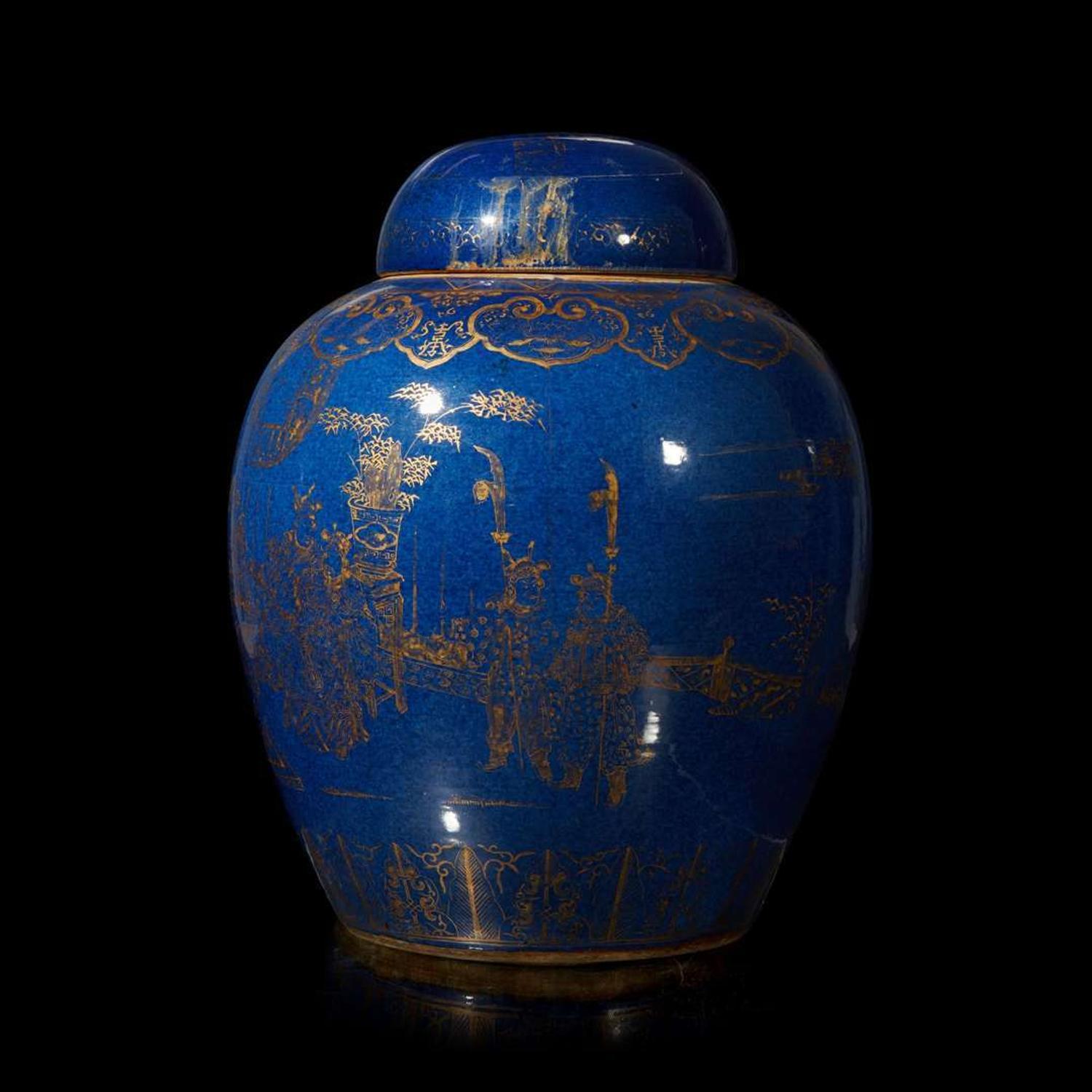 A massive Chinese gilt-decorated powder blue ovoid jar and cover 洒蓝地描金大盖罐 Qing dynasty ?