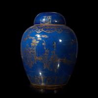 A massive Chinese gilt-decorated powder blue ovoid jar and cover 洒蓝地描金大盖罐 Qing dynasty ?