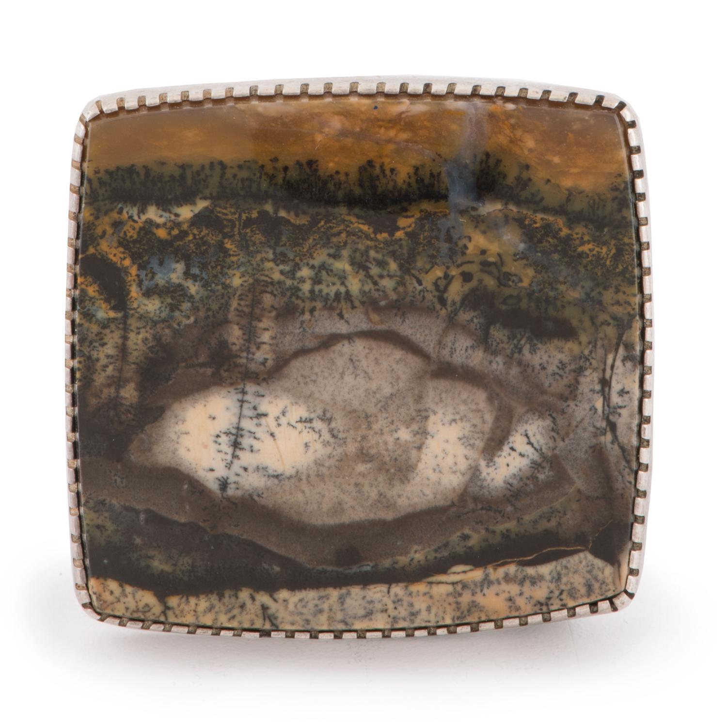 Silver and Petrified Wood Belt Buckle, with Deer and Raindrop Design on Reverse
