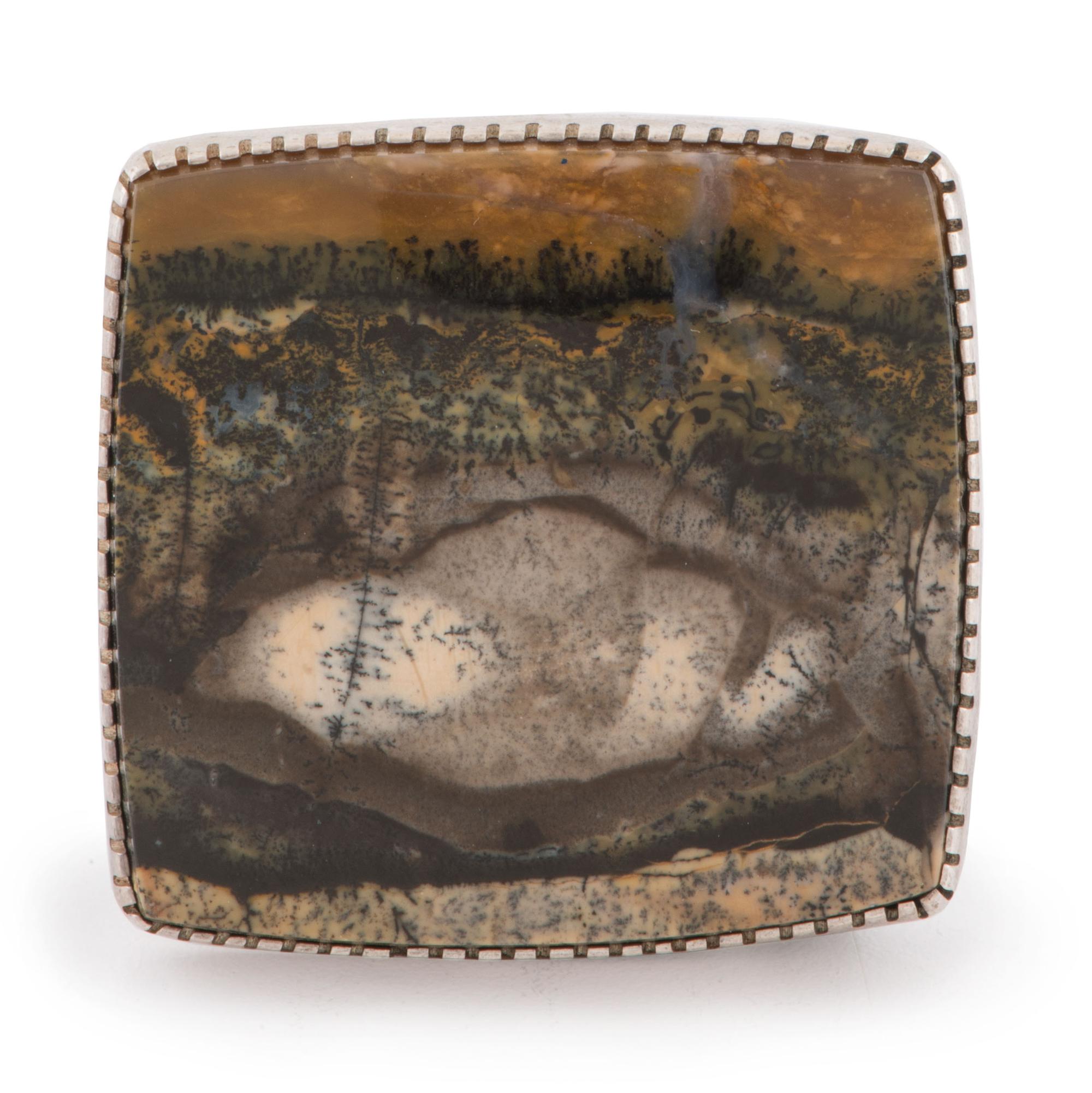 Silver and Petrified Wood Belt Buckle, with Deer and Raindrop Design on Reverse