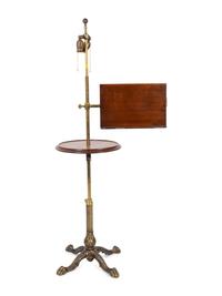 An English Brass Adjustable Floor Lamp with Mahogany Table and Adjustable Book Shelf — 19TH/20TH CENTURY