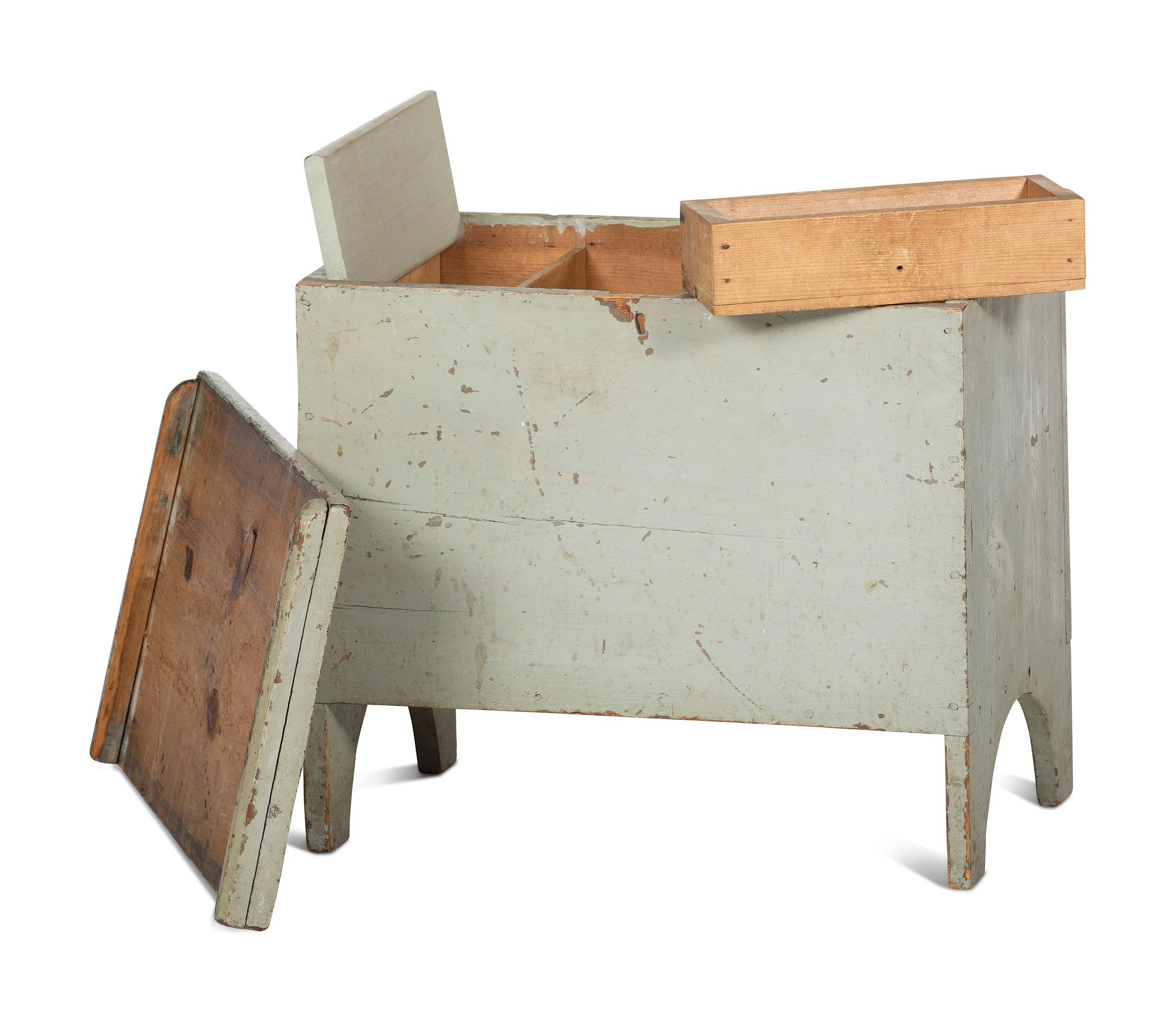 A Country Green-Gray Paint Decorated Pine Diminutive Blanket Chest