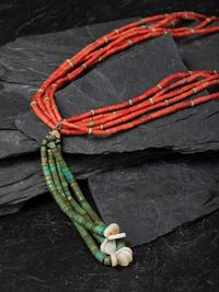 Pueblo Multi-strand Coral Necklace, with Rolled Turquoise Joclas