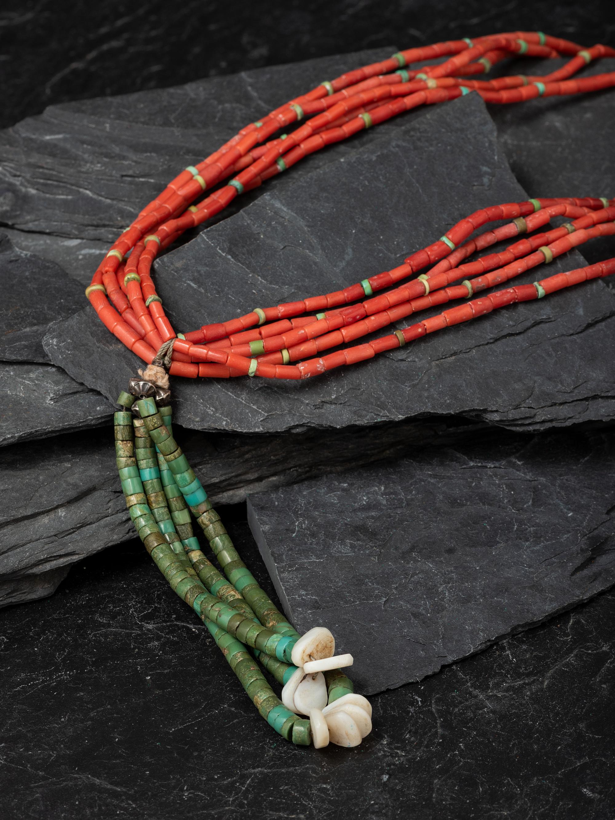 Pueblo Multi-strand Coral Necklace, with Rolled Turquoise Joclas