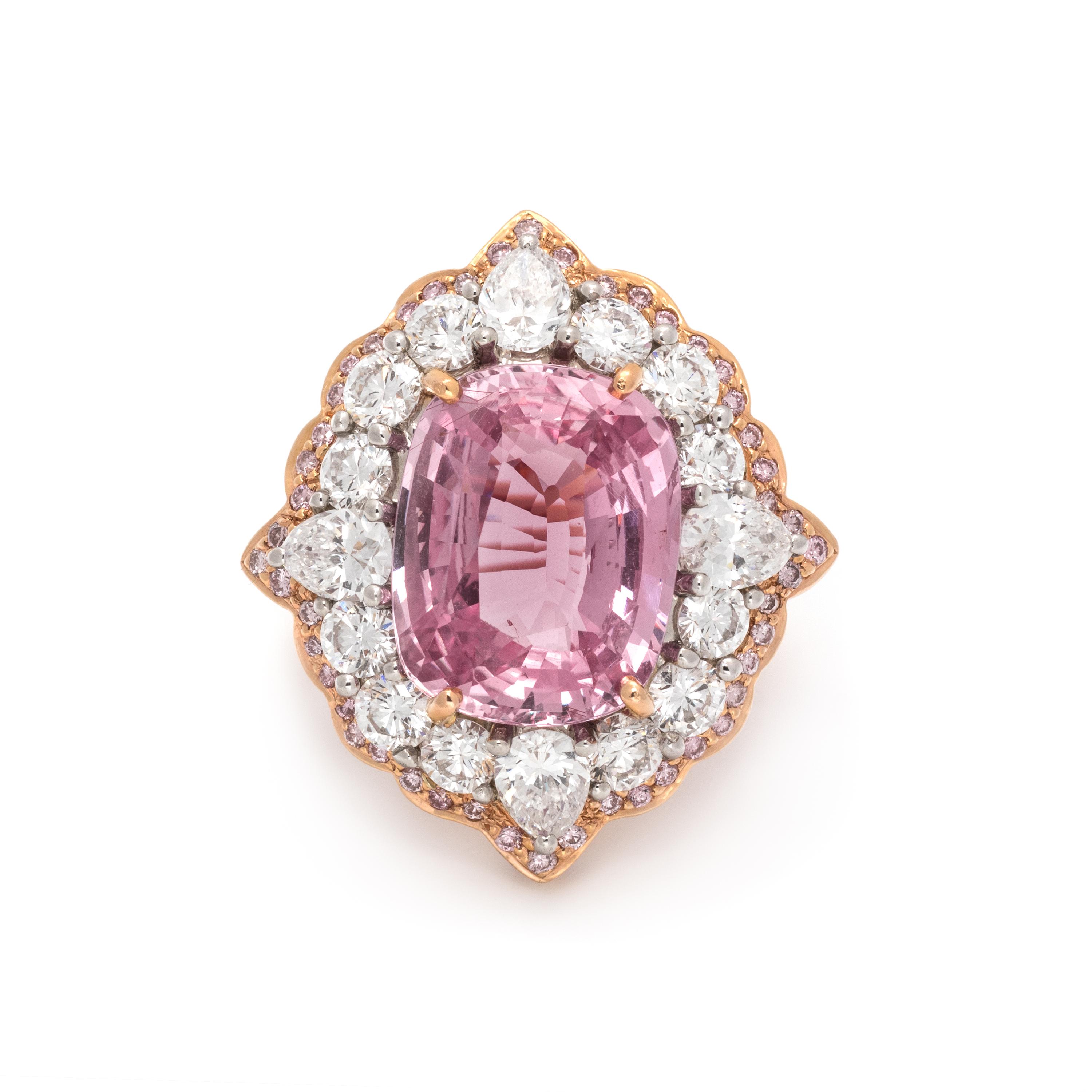 PADPARADSCHA SAPPHIRE, PINK DIAMOND AND DIAMOND RING