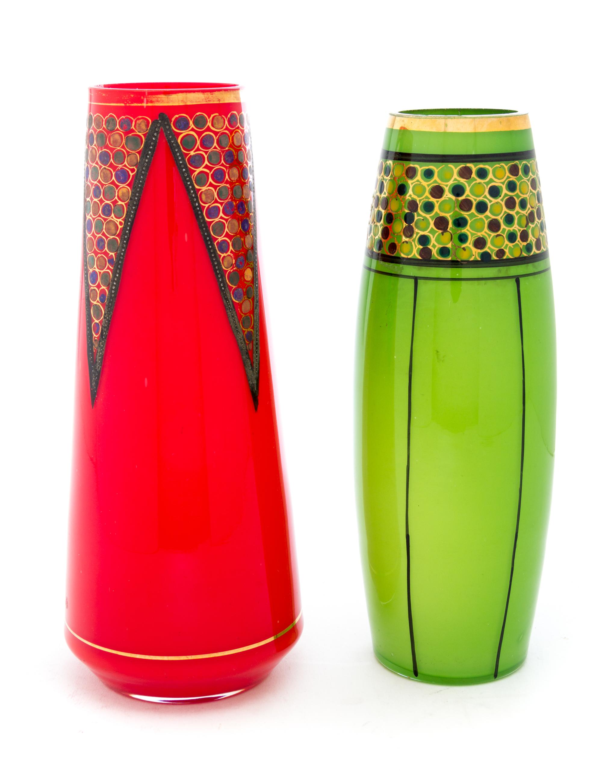 Two Czechoslovakian Art Deco Enameled and Gilt Decorated Vases Height of taller 8 1/2 inches.