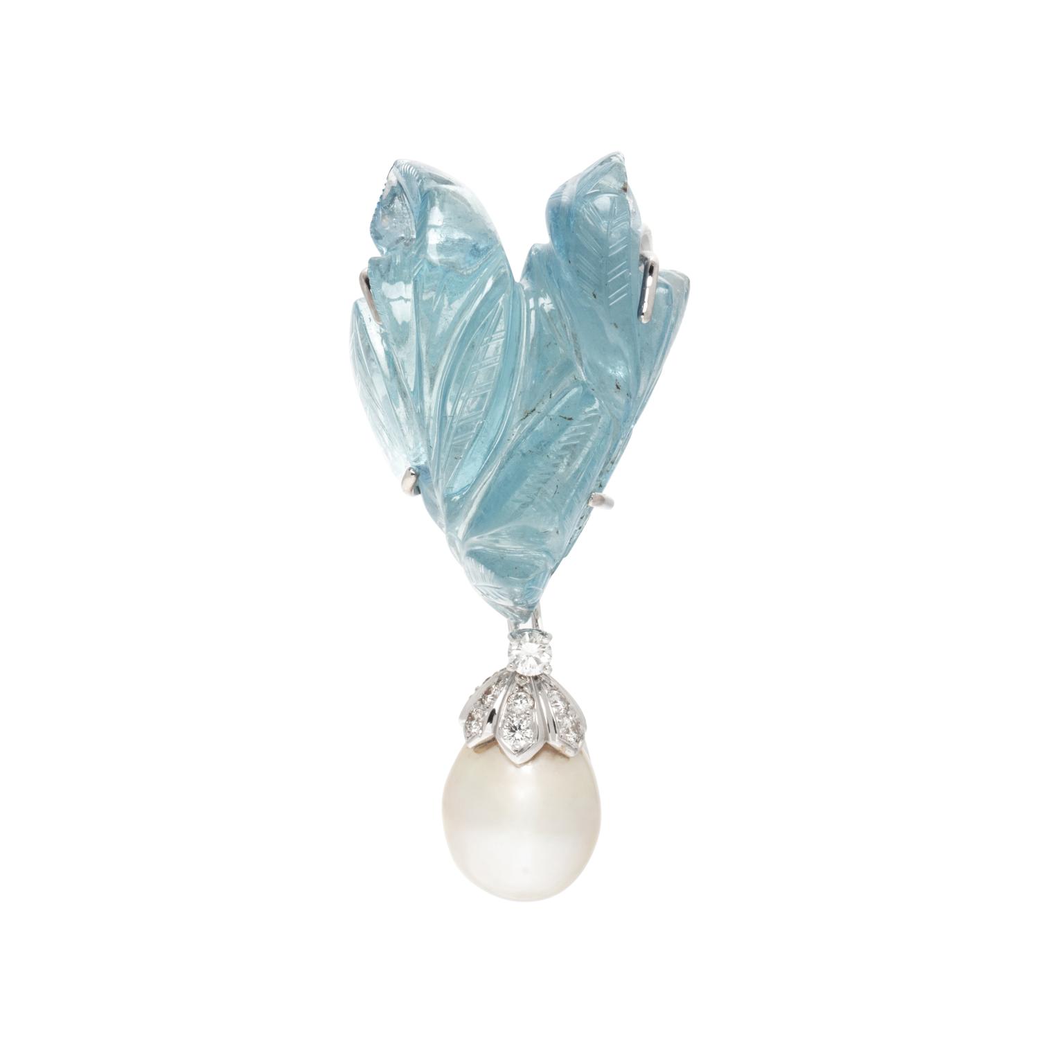MARLENE STOWE, AQUAMARINE, CULTURED PEARL, AND DIAMOND BROOCH