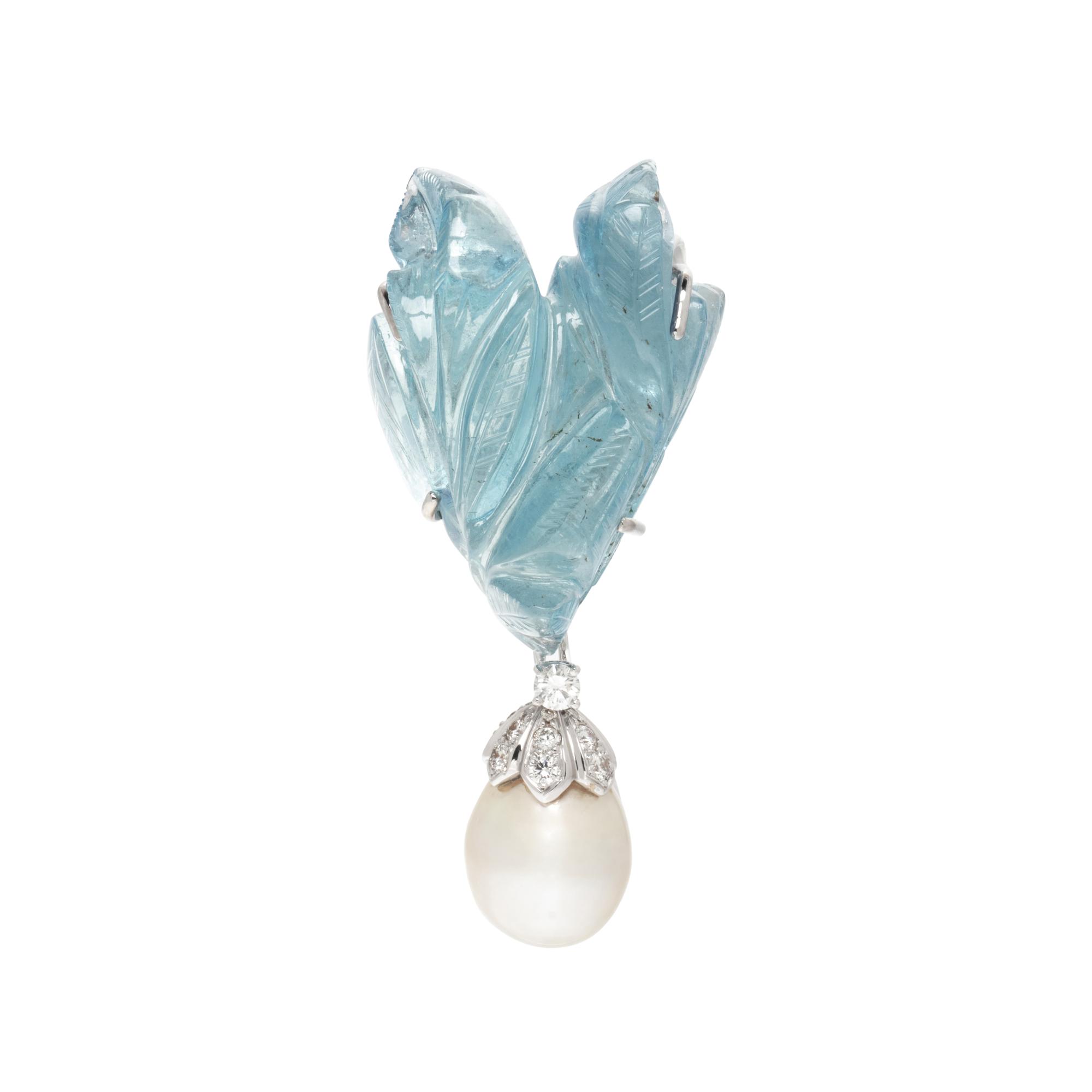 MARLENE STOWE, AQUAMARINE, CULTURED PEARL, AND DIAMOND BROOCH