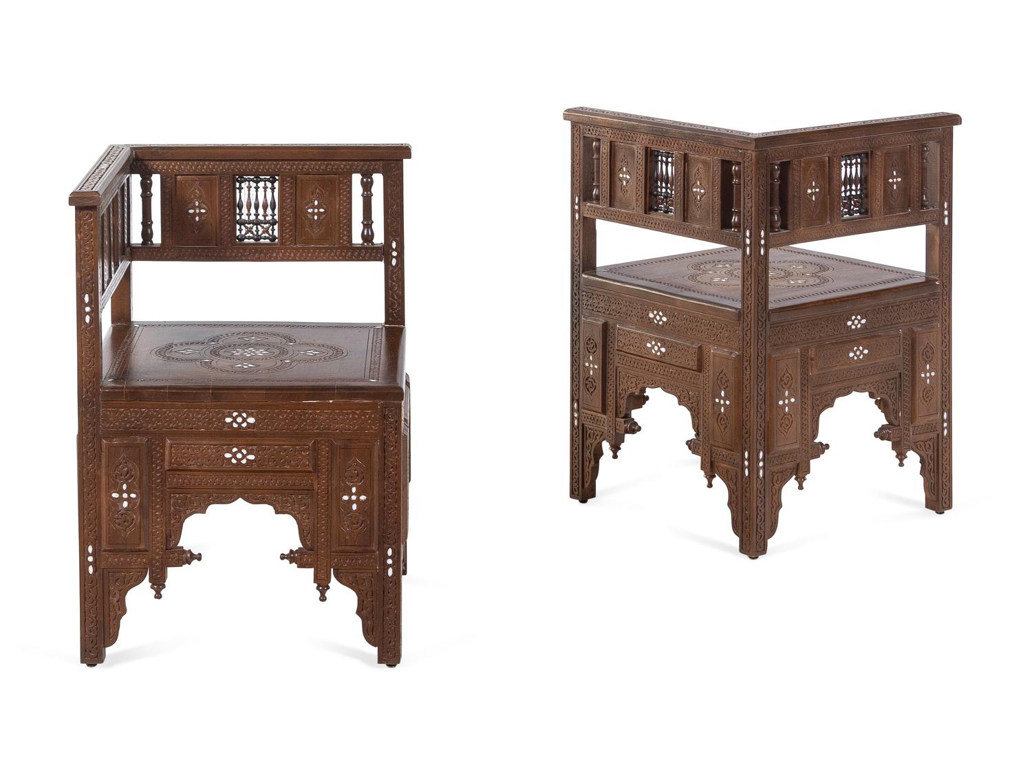 A Pair of Syrian Mother-of-Pearl Inlaid Walnut Corner Chairs