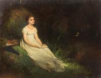 Edouard Jean Conrad Hamman, (Belgian, 1819–1888), Woman Reading Book in Wooden Landscape