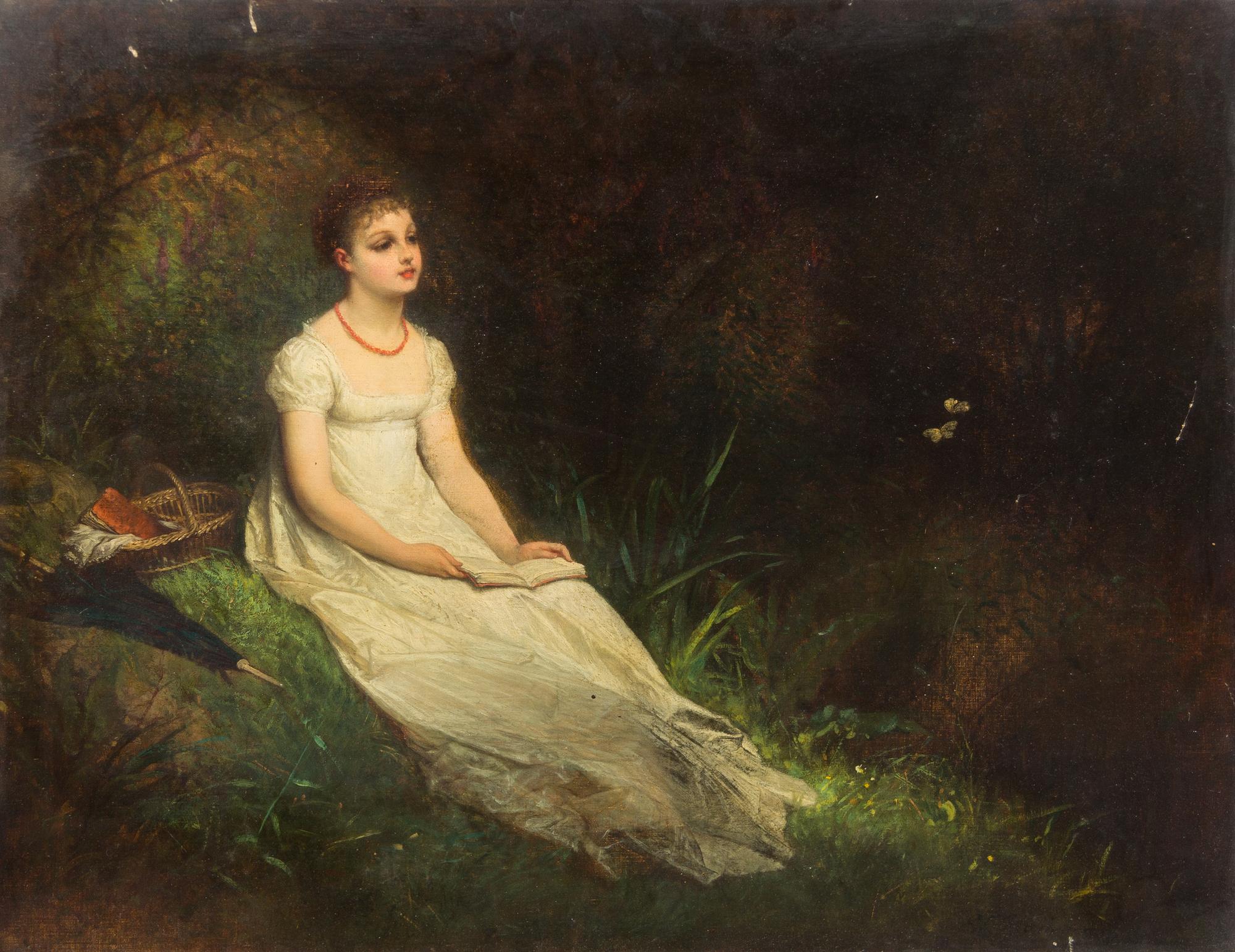 Edouard Jean Conrad Hamman, (Belgian, 1819–1888), Woman Reading Book in Wooden Landscape