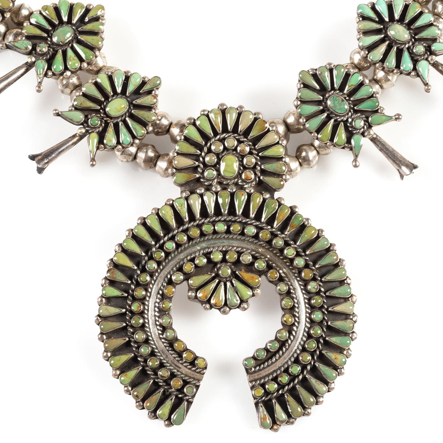 Zuni Sterling Silver and Petit Point Turquoise Squash Blossom Necklace
