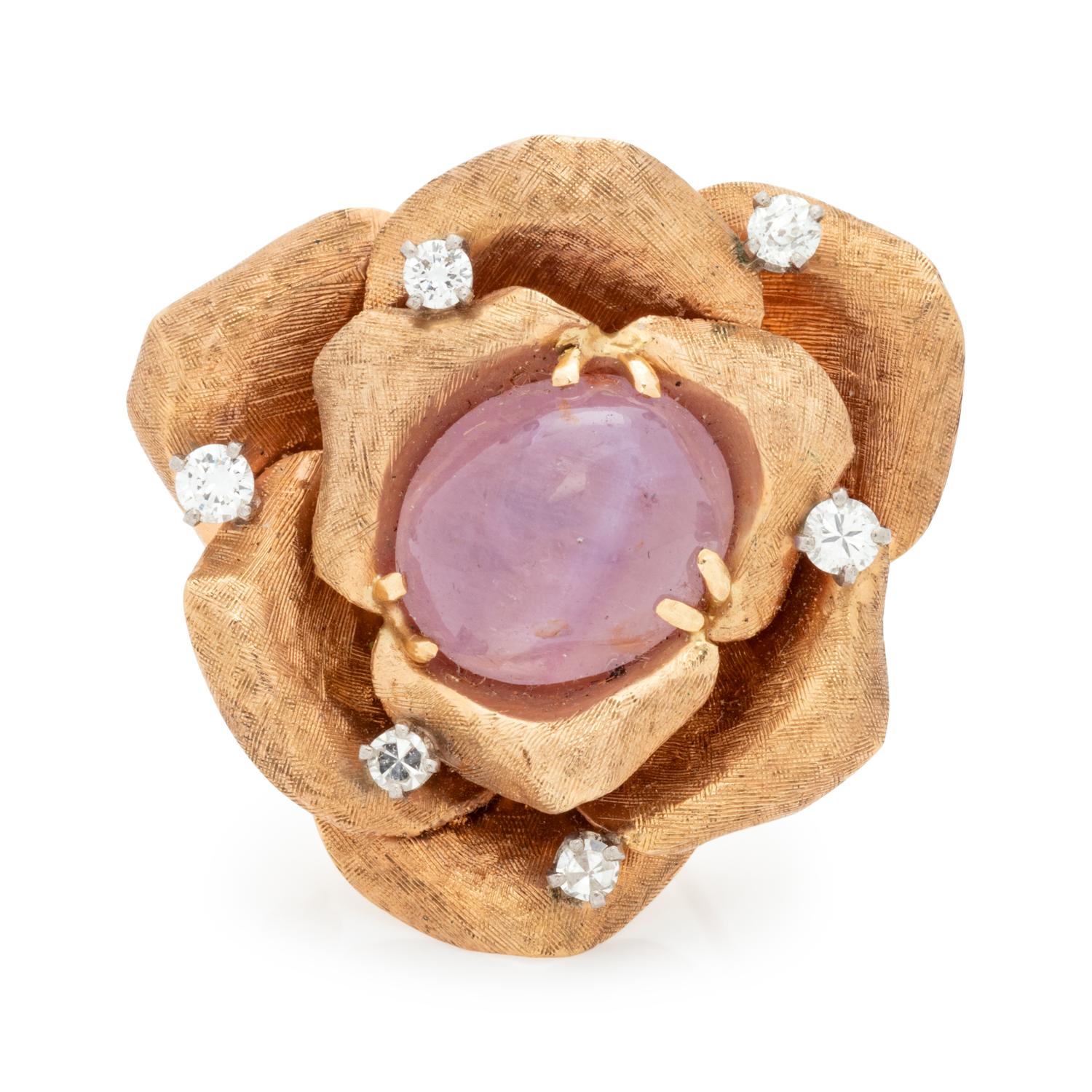 PINK STAR SAPPHIRE AND DIAMOND FLOWER BROOCH