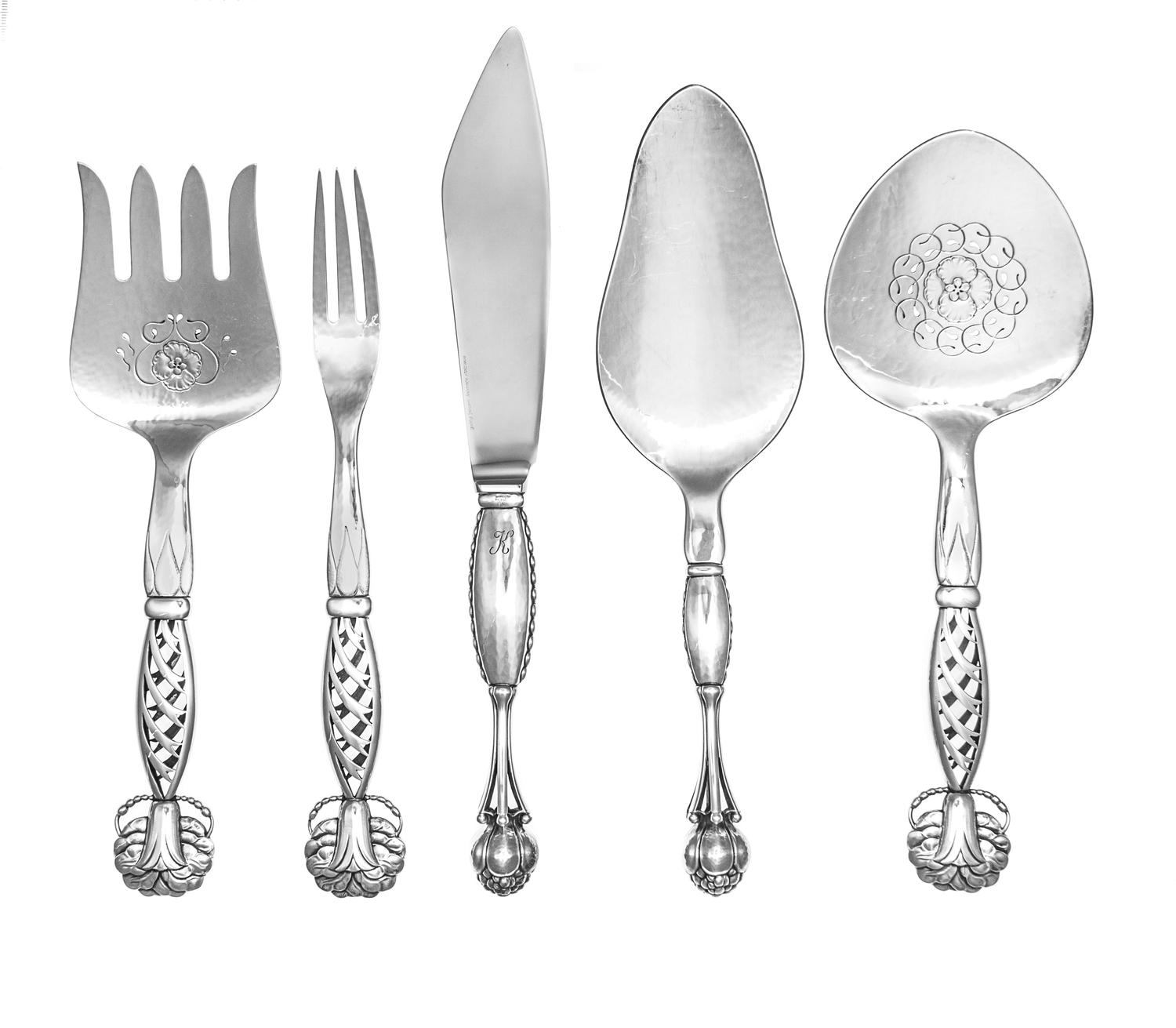 A Set of Five Danish Silver Serving Articles, Georg Jensen Silversmithy, Copenhagen, 1945-77, comprising a fish slice and cake server i