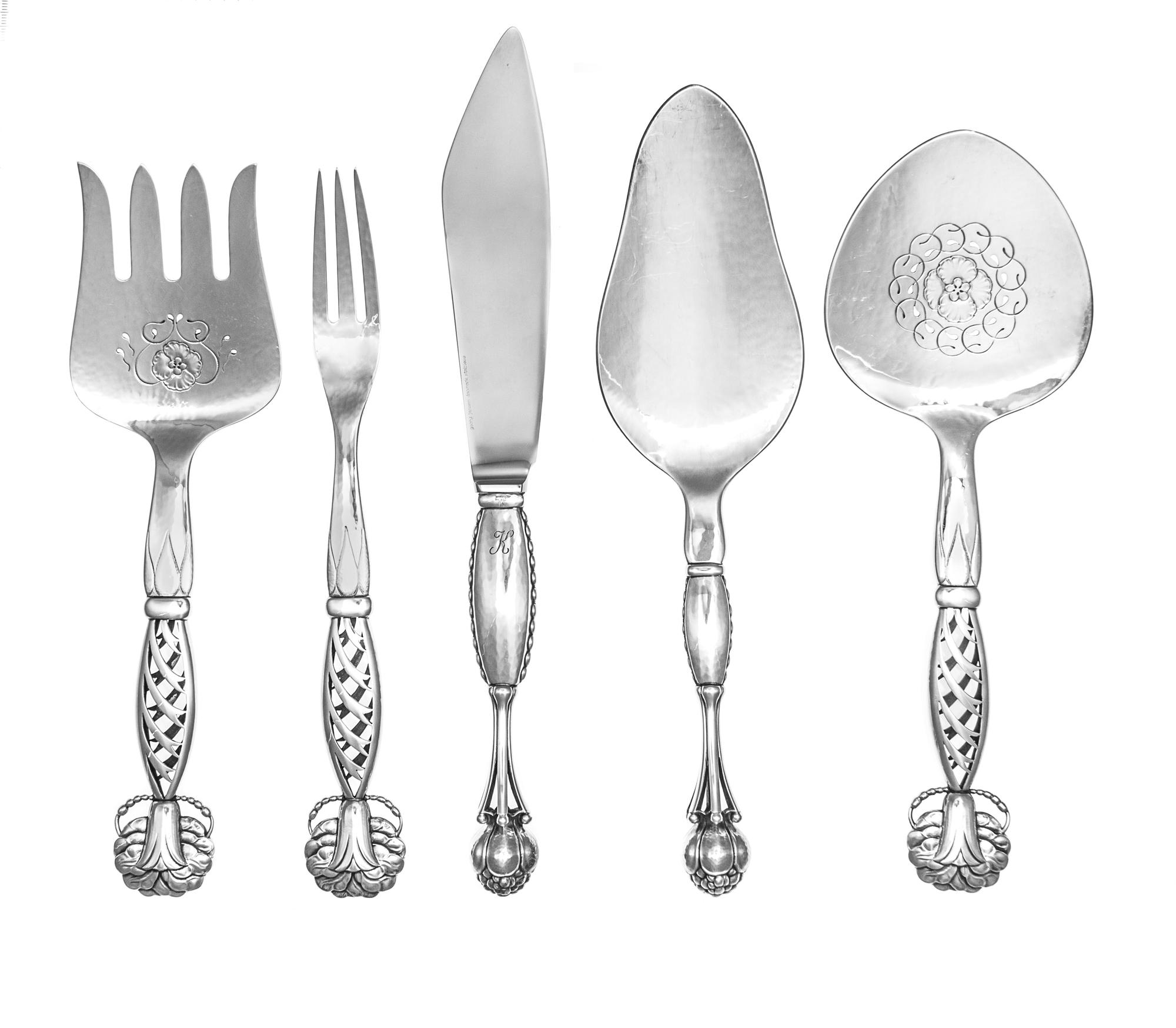 A Set of Five Danish Silver Serving Articles, Georg Jensen Silversmithy, Copenhagen, 1945-77, comprising a fish slice and cake server i
