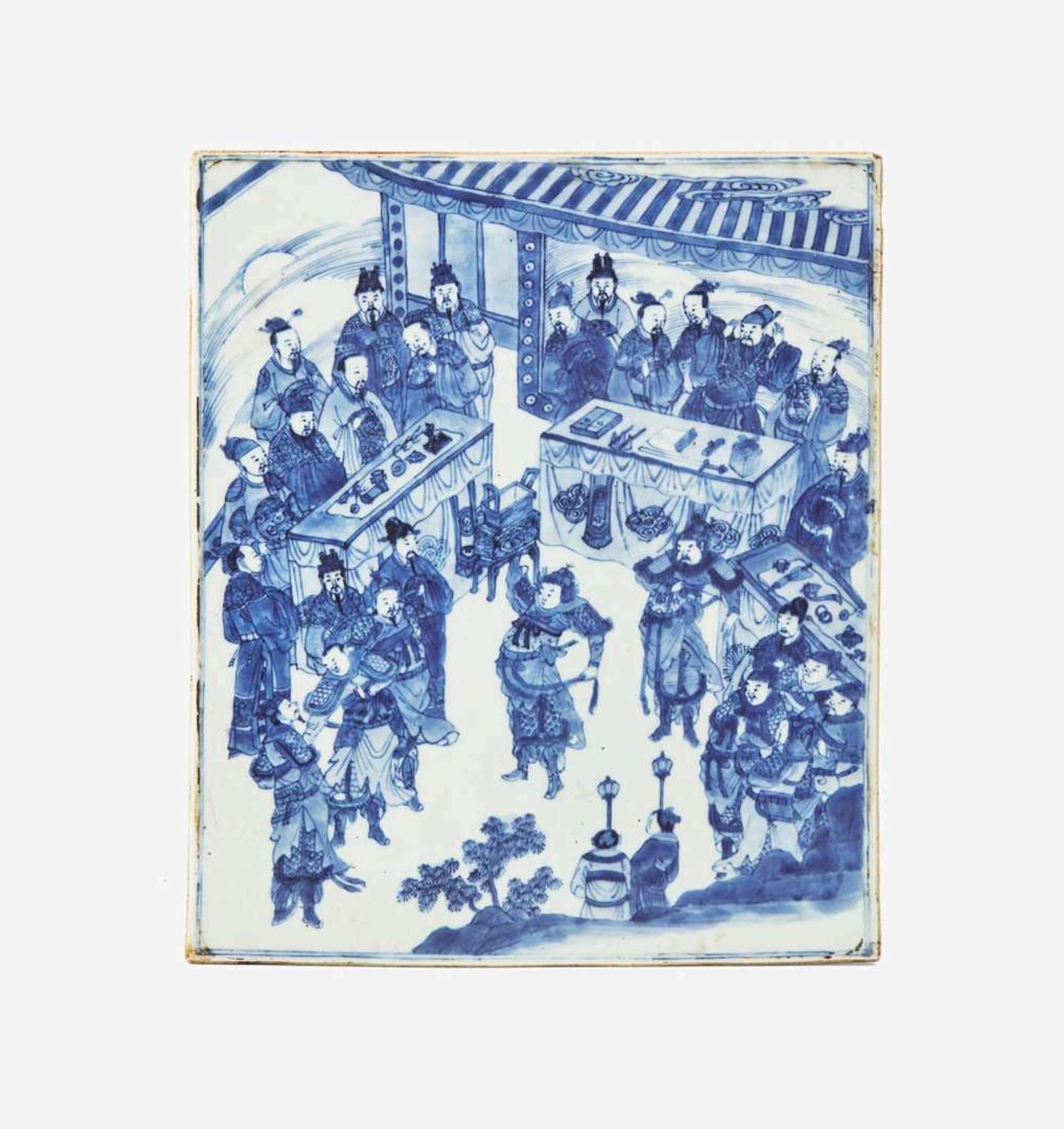 A Chinese blue and white porcelain figural plaque 青花人物故事瓷板 Kangxi period ??