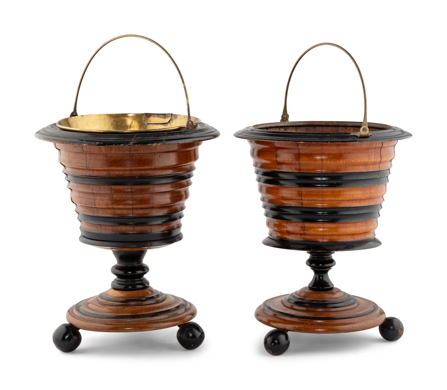 A Near Pair of Dutch Walnut and Part Ebonized Peat Buckets