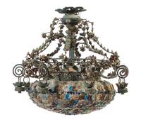 A Wrought Iron and Glass Chandelier Height 29 inches.