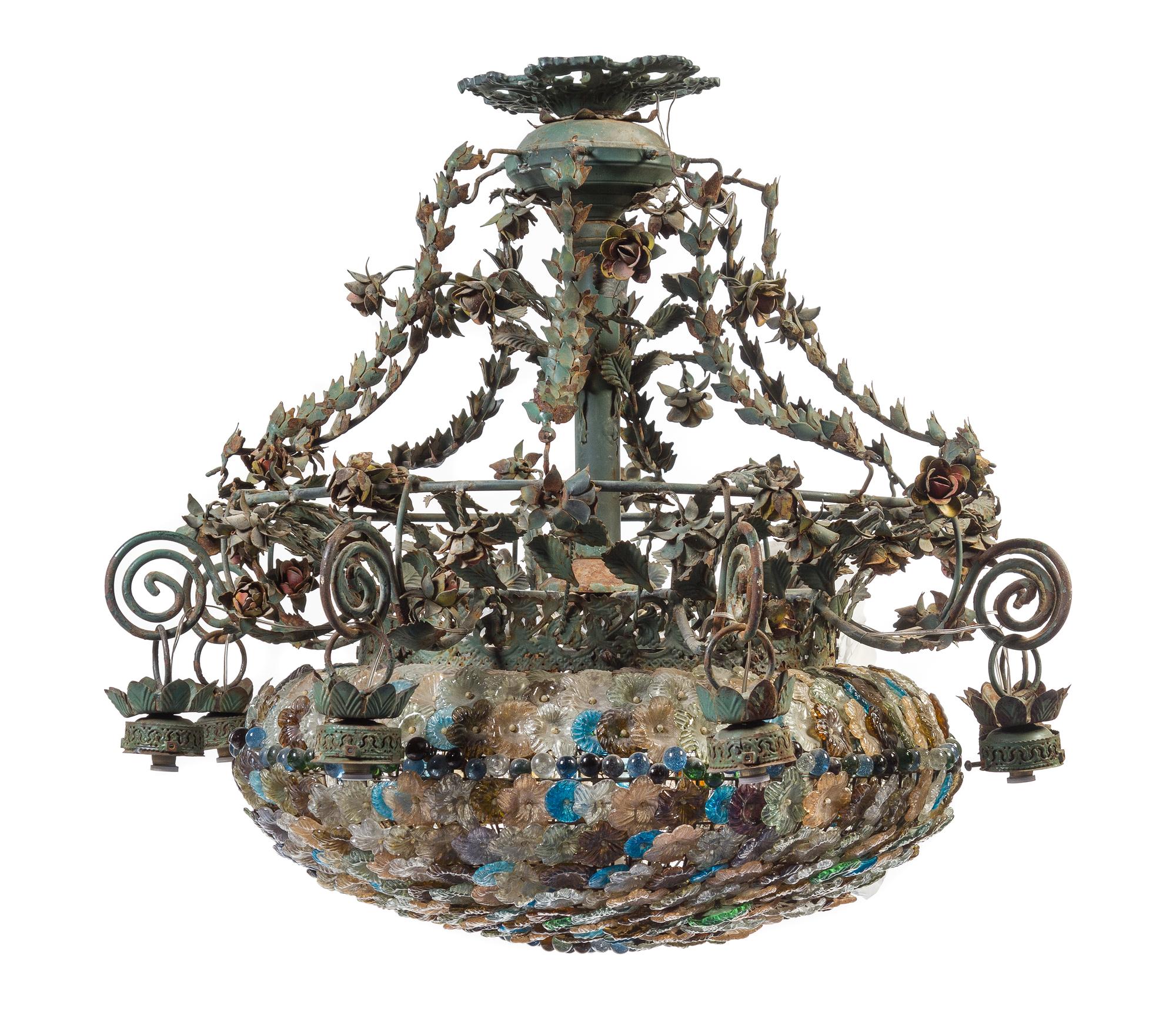 A Wrought Iron and Glass Chandelier Height 29 inches.