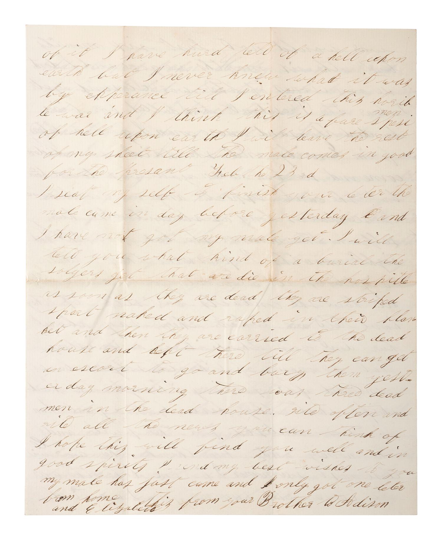 [CIVIL WAR]. Soldier's letter featuring graphic descriptions of dying soldiers from the US General Hospital in Hilton Head, SC. 19-23 February 1864.